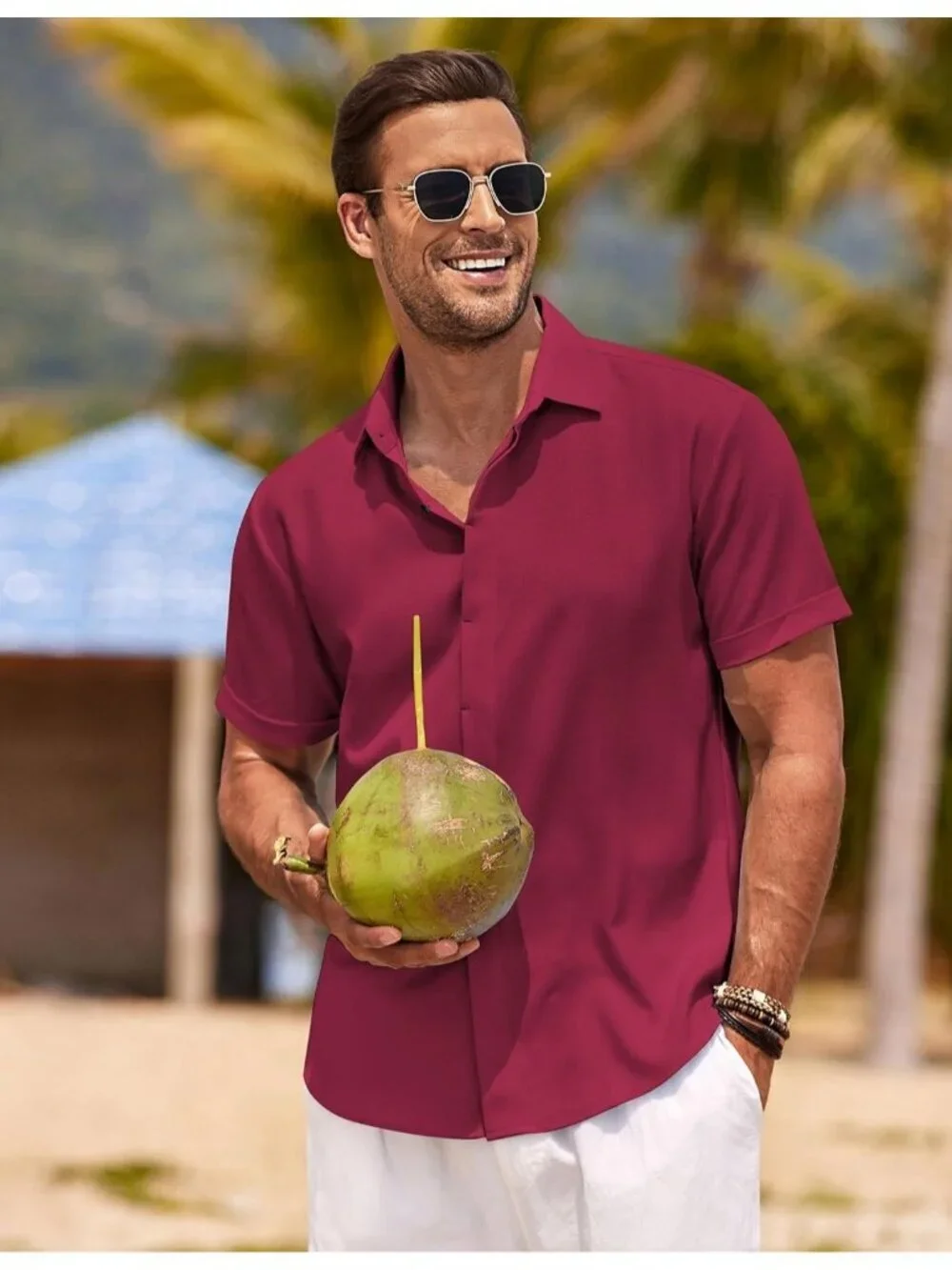 Men's Wine Red Classic Beach Linen Sleeve Casual Imported Button Dow Shirt